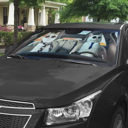 Gearhumans 3D Lovely Couple White Cats Custom Car Auto Sunshade