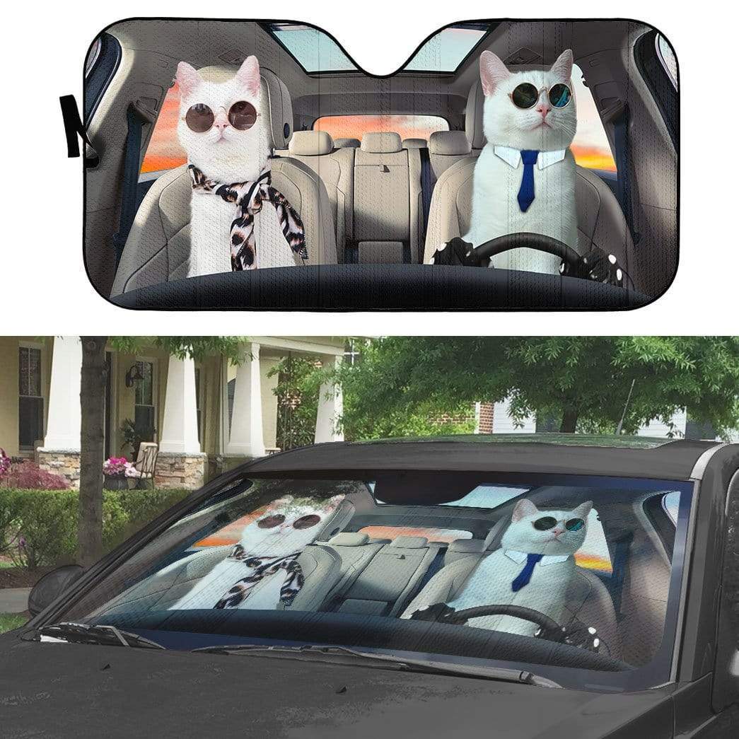 Gearhumans 3D Lovely Couple White Cats Custom Car Auto Sunshade