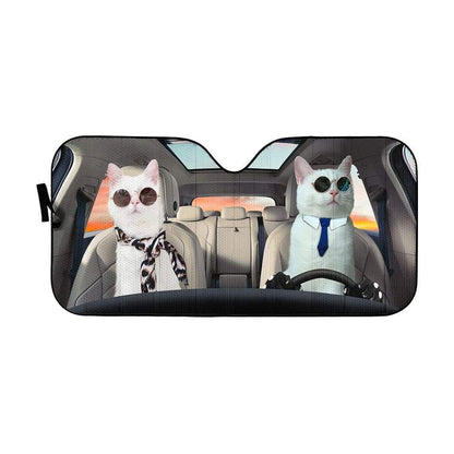 Gearhumans 3D Lovely Couple White Cats Custom Car Auto Sunshade