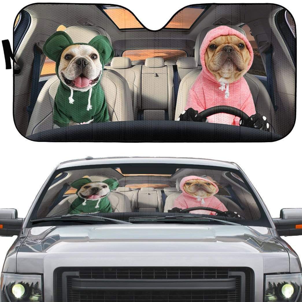 Gearhumans 3D Lovely Hoodie Bulldog Couple Custom Car Auto Sunshade