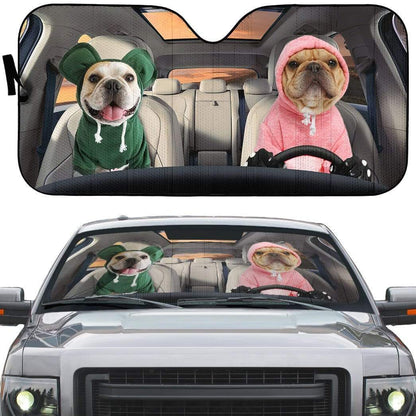 Gearhumans 3D Lovely Hoodie Bulldog Couple Custom Car Auto Sunshade
