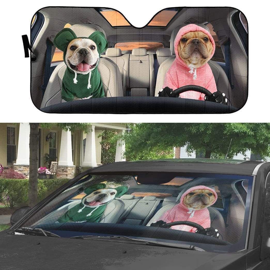 Gearhumans 3D Lovely Hoodie Bulldog Couple Custom Car Auto Sunshade