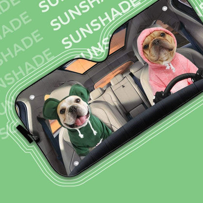 Gearhumans 3D Lovely Hoodie Bulldog Couple Custom Car Auto Sunshade