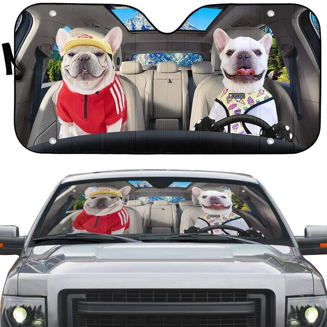 Gearhumans 3D Loving White Bulldogs Couple Custom Car Auto Sunshade
