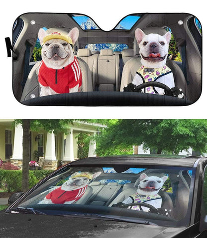 Gearhumans 3D Loving White Bulldogs Couple Custom Car Auto Sunshade