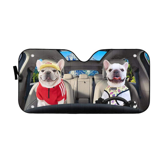Gearhumans 3D Loving White Bulldogs Couple Custom Car Auto Sunshade