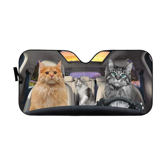 Gearhumans 3D Maine Coon Cat Family Custom Car Auto Sunshade