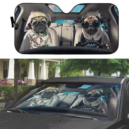 Gearhumans 3D Pug Couple Dogs Custom Car Auto Sunshade