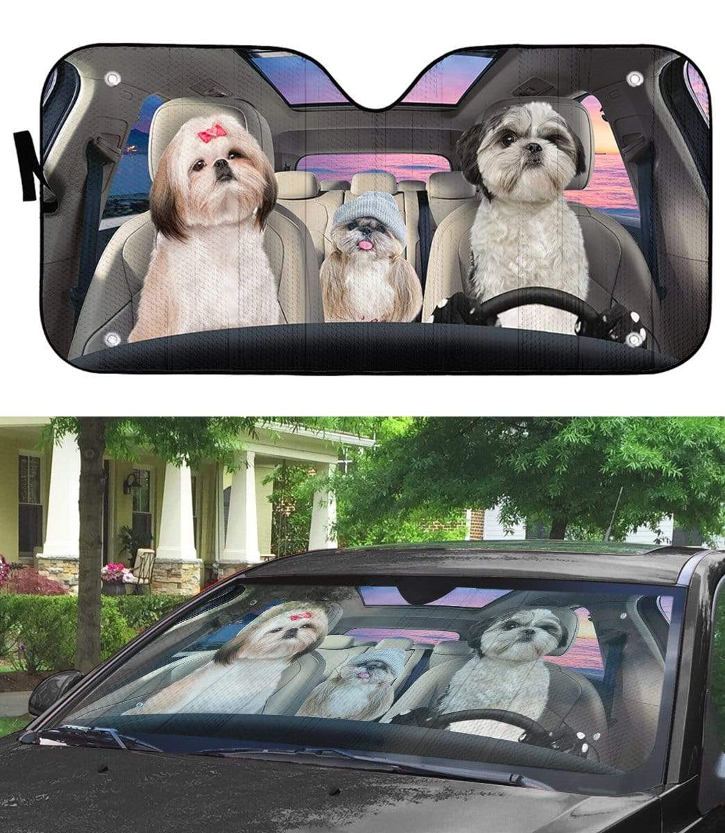 Gearhumans 3D Shih Tzu Dogs Custom Car Auto Sunshade