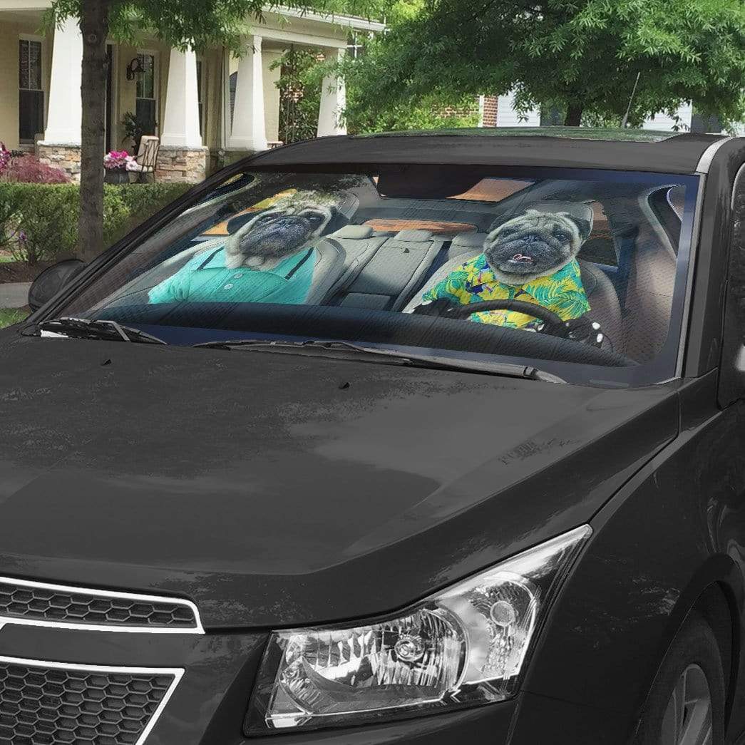 Gearhumans 3D Soulmate Friend Pugs Dog Couple Custom Car Auto Sunshade