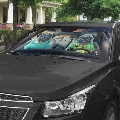 Gearhumans 3D Soulmate Friend Pugs Dog Couple Custom Car Auto Sunshade