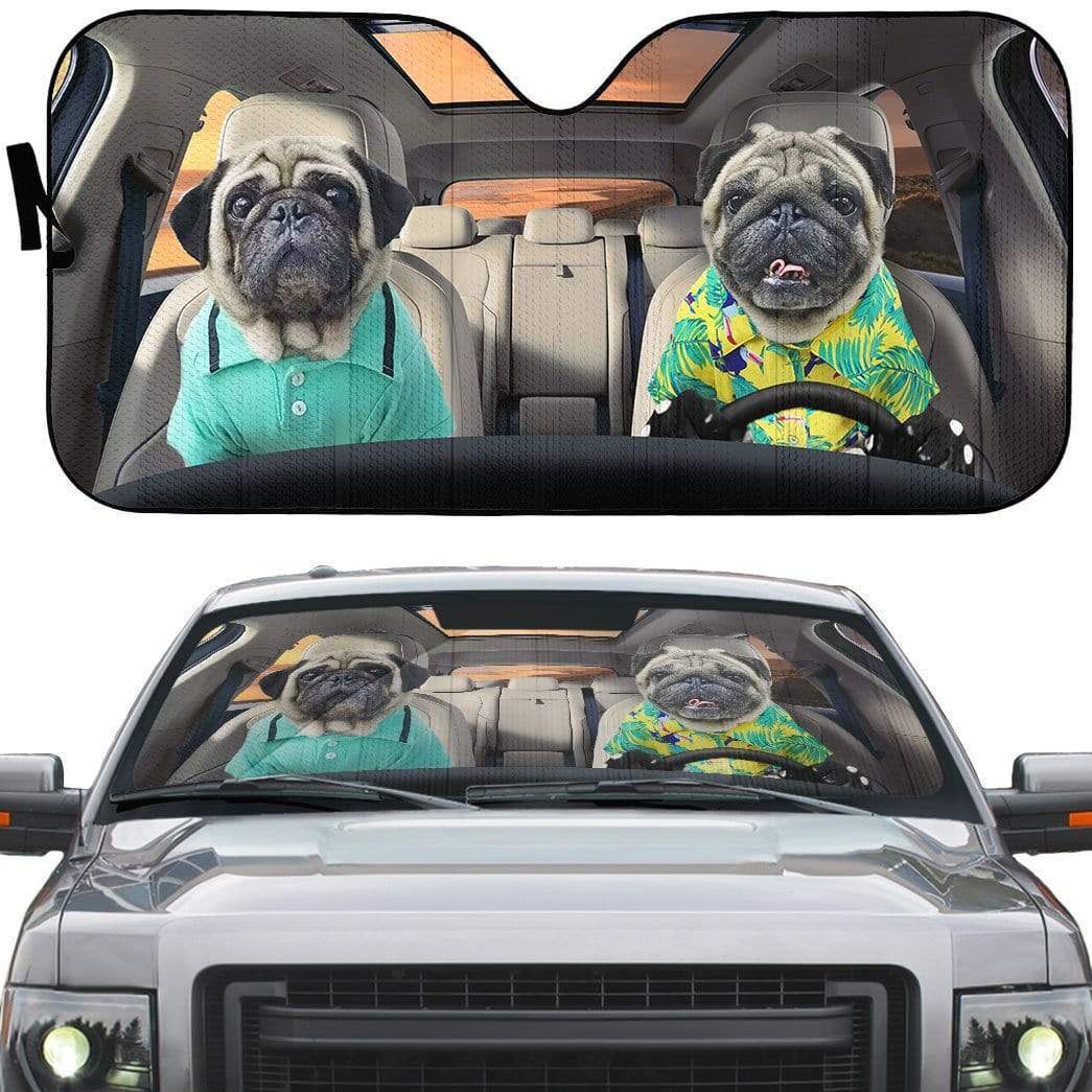 Gearhumans 3D Soulmate Friend Pugs Dog Couple Custom Car Auto Sunshade