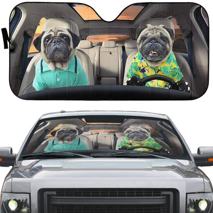 Gearhumans 3D Soulmate Friend Pugs Dog Couple Custom Car Auto Sunshade