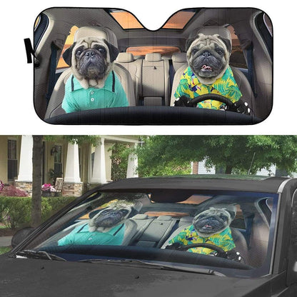 Gearhumans 3D Soulmate Friend Pugs Dog Couple Custom Car Auto Sunshade