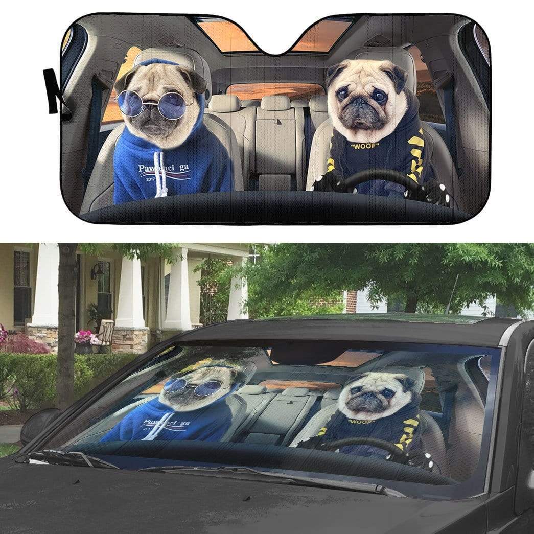 Gearhumans 3D Soulmate Lovely Pugs Dog Couple Custom Car Auto Sunshade