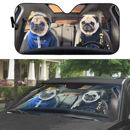 Gearhumans 3D Soulmate Lovely Pugs Dog Couple Custom Car Auto Sunshade