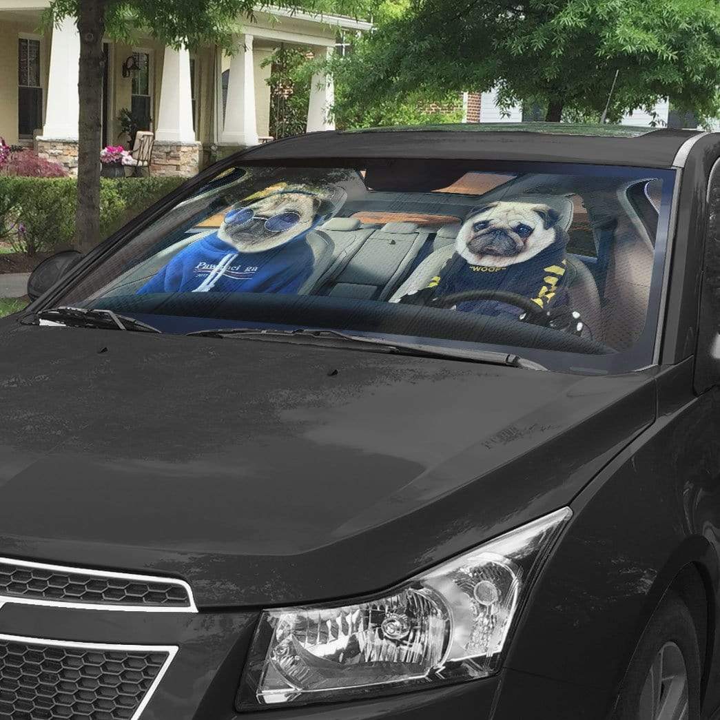 Gearhumans 3D Soulmate Lovely Pugs Dog Couple Custom Car Auto Sunshade