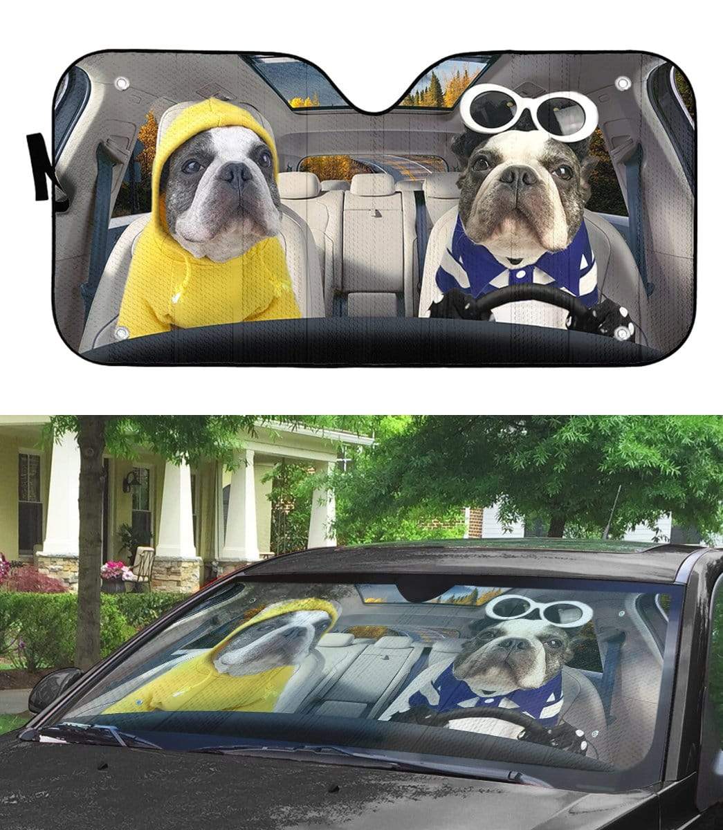 Gearhumans 3D Two Cool French Bulldog In Car Custom Car Auto Sunshade