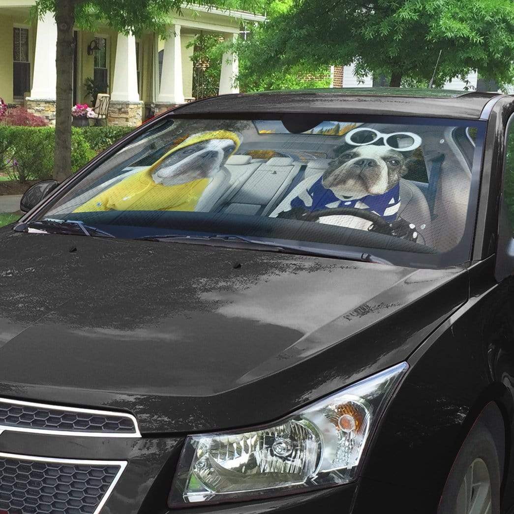 Gearhumans 3D Two Cool French Bulldog In Car Custom Car Auto Sunshade