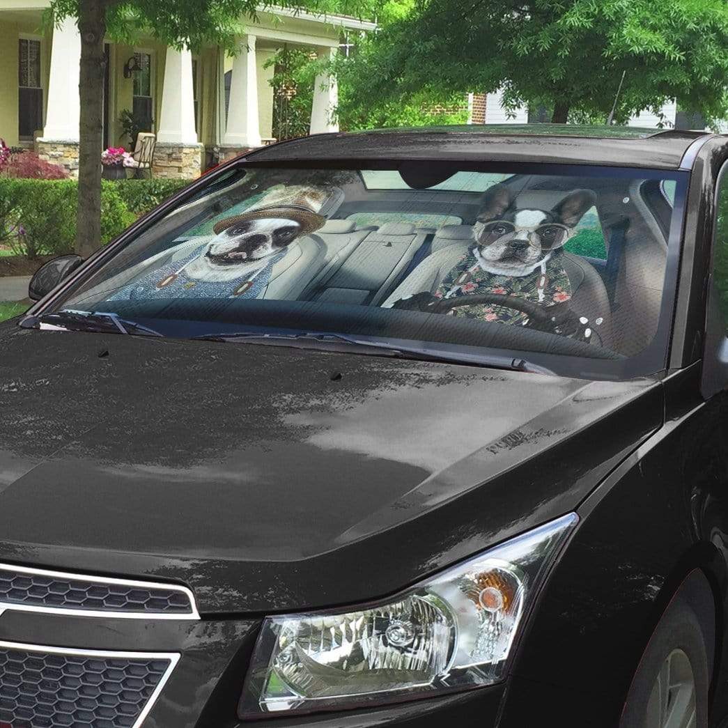 Gearhumans 3D Two Couple Love Bulldogs In Car Custom Car Auto Sunshade