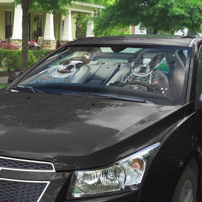 Gearhumans 3D Two Couple Love Bulldogs In Car Custom Car Auto Sunshade