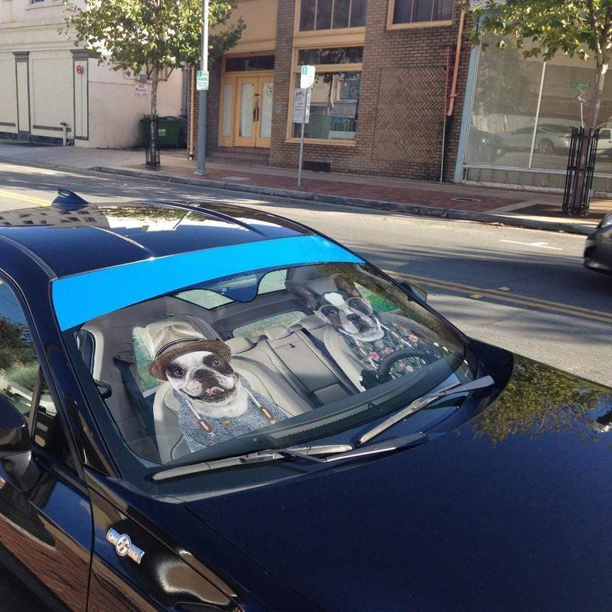 Gearhumans 3D Two Couple Love Bulldogs In Car Custom Car Auto Sunshade