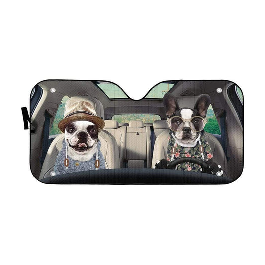 Gearhumans 3D Two Couple Love Bulldogs In Car Custom Car Auto Sunshade