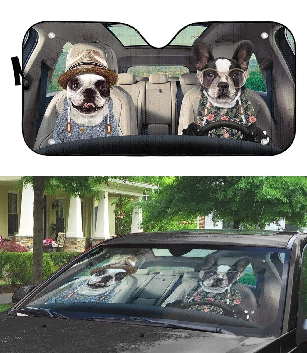 Gearhumans 3D Two Couple Love Bulldogs In Car Custom Car Auto Sunshade