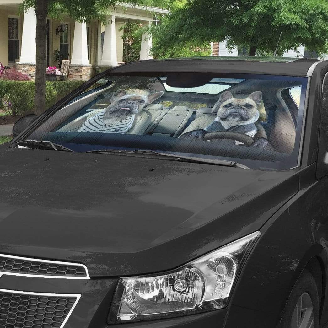 Gearhumans 3D Two Friend French Bulldog In Car Custom Car Auto Sunshade