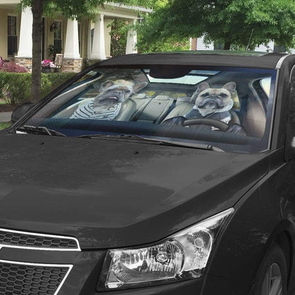 Gearhumans 3D Two Friend French Bulldog In Car Custom Car Auto Sunshade