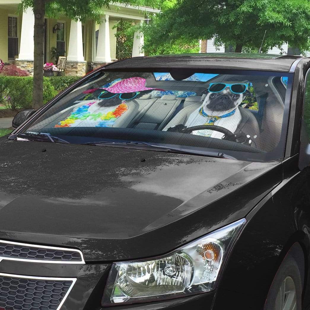 Gearhumans 3D Two Pug Dogs Go To The Beach Custom Car Auto Sunshade