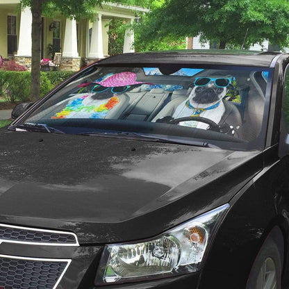 Gearhumans 3D Two Pug Dogs Go To The Beach Custom Car Auto Sunshade
