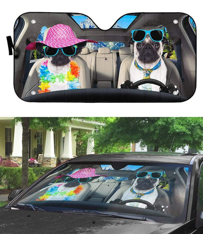 Gearhumans 3D Two Pug Dogs Go To The Beach Custom Car Auto Sunshade