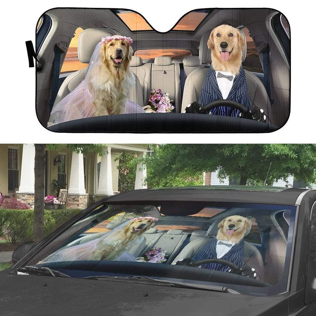 Gearhumans 3D Wedding Golden Retriever Dogs Custom Car Auto Sunshade