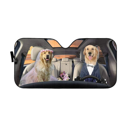 Gearhumans 3D Wedding Golden Retriever Dogs Custom Car Auto Sunshade