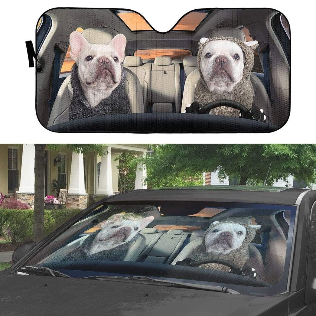 Gearhumans 3D White Bulldogs Couple Custom Car Auto Sunshade