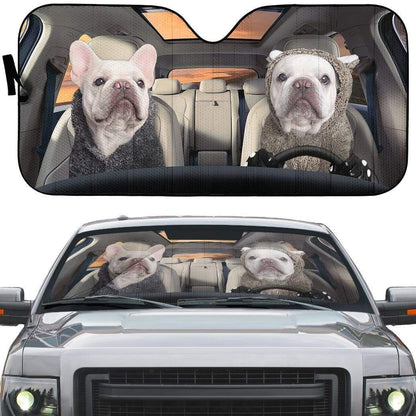 Gearhumans 3D White Bulldogs Couple Custom Car Auto Sunshade