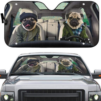 Gearhumans 3D Winter Friend Pugs Custom Car Auto Sunshade