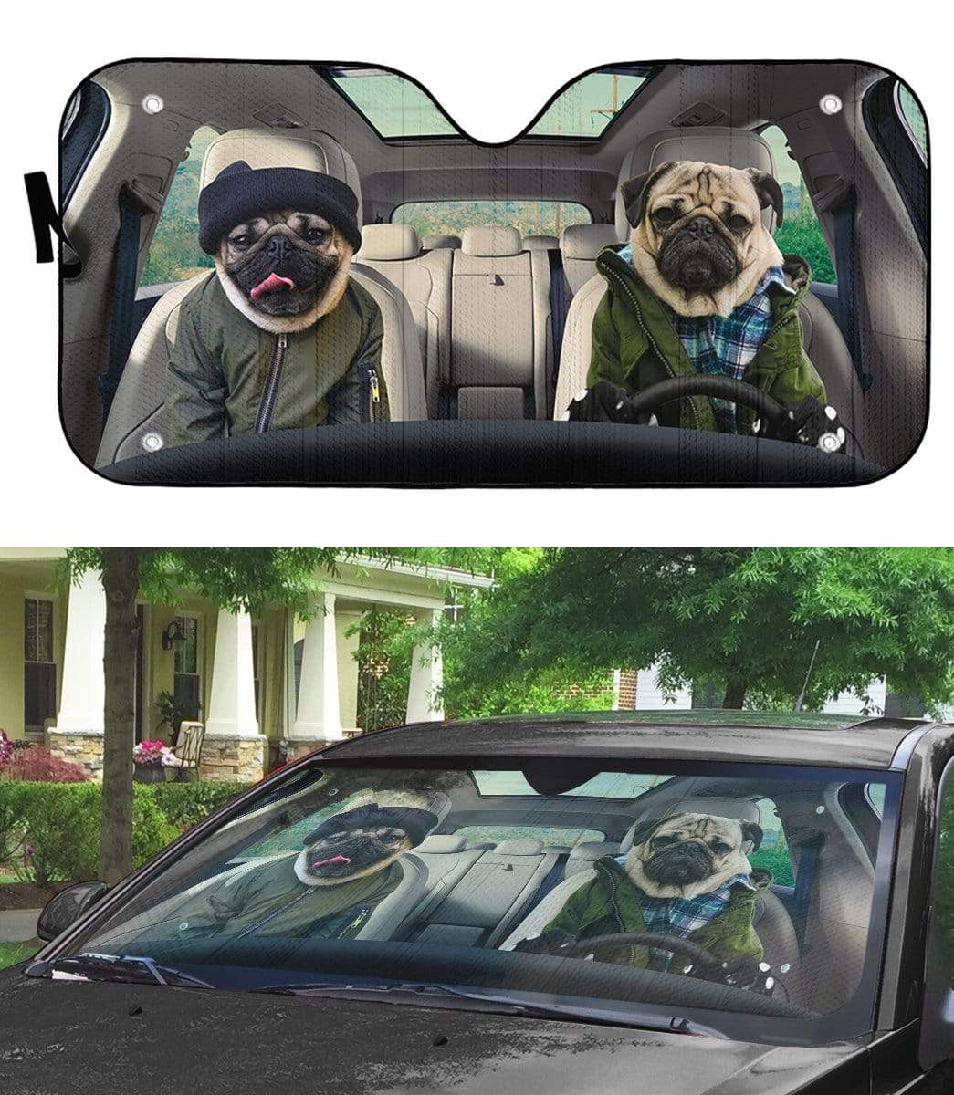 Gearhumans 3D Winter Friend Pugs Custom Car Auto Sunshade