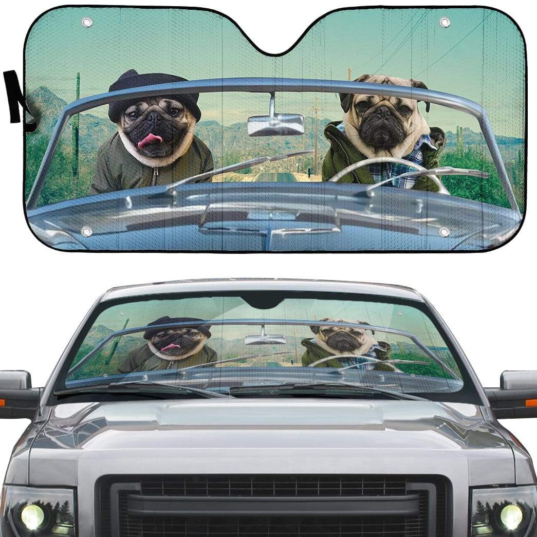 Gearhumans 3D Winter Friend Pugs Driving Roadster Custom Car Auto Sunshade