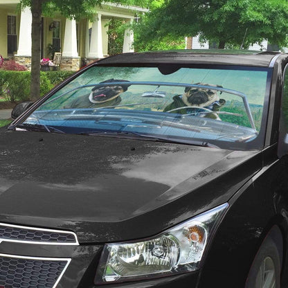 Gearhumans 3D Winter Friend Pugs Driving Roadster Custom Car Auto Sunshade