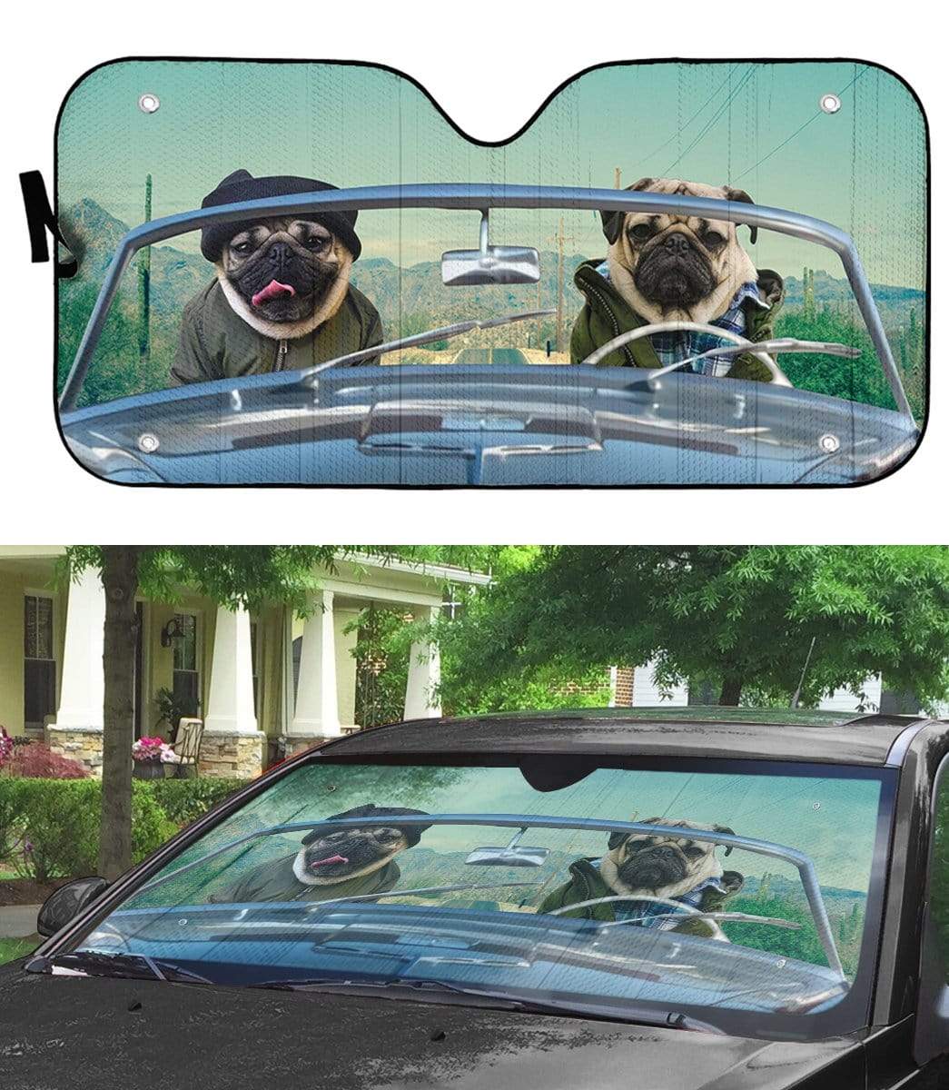 Gearhumans 3D Winter Friend Pugs Driving Roadster Custom Car Auto Sunshade