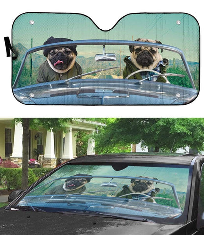 Gearhumans 3D Winter Friend Pugs Driving Roadster Custom Car Auto Sunshade