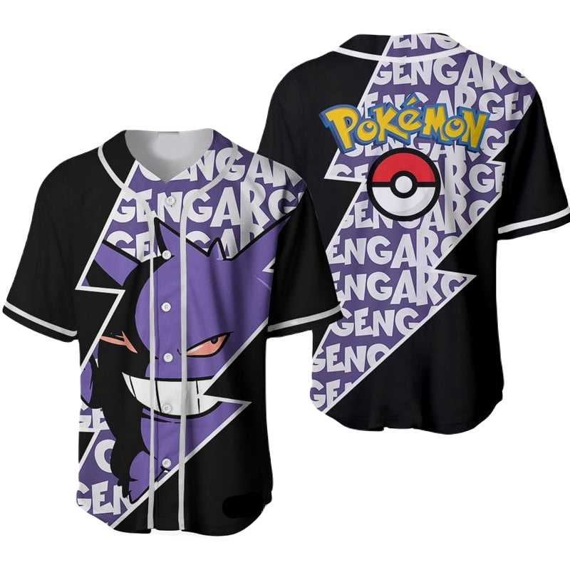 PKM Baseball Jersey Gengar Graphic PKM Jersey Shirt Black Purple Unisex Adult New Release