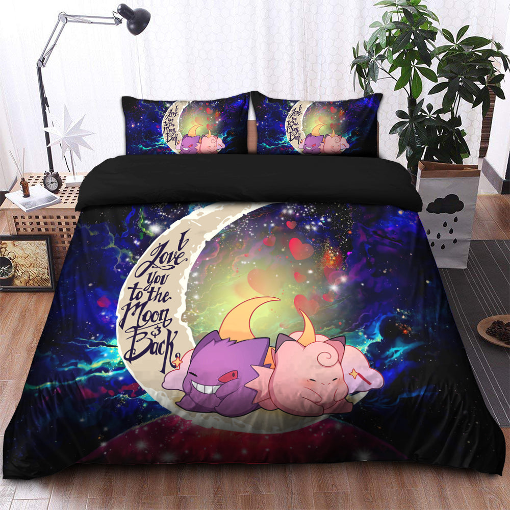 Gengar And Clefable Cute Love You To The Moon Galaxy Bedding Set