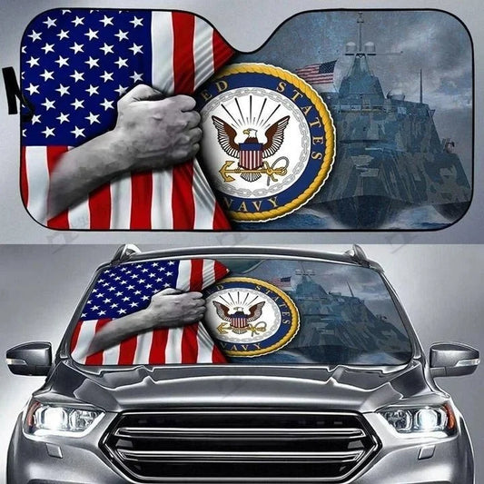 Veteran Car Sun Shade US Navy American Flag Ship Graphic Winshield Sun Shade Blue