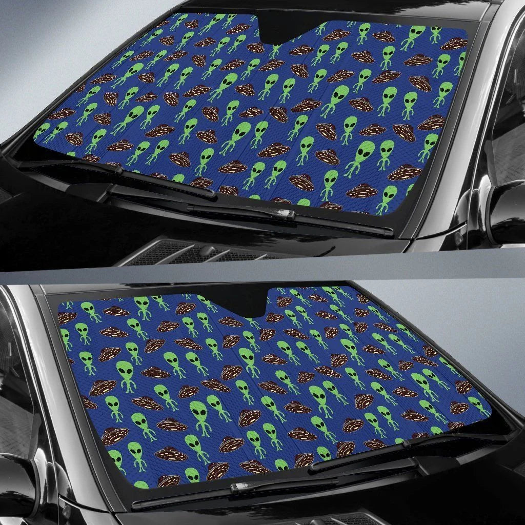 Alien Car Sun Shade Green Alien UFO Pattern Winshield Sun Shade Blue