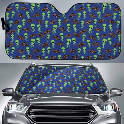 Alien Car Sun Shade Green Alien UFO Pattern Winshield Sun Shade Blue