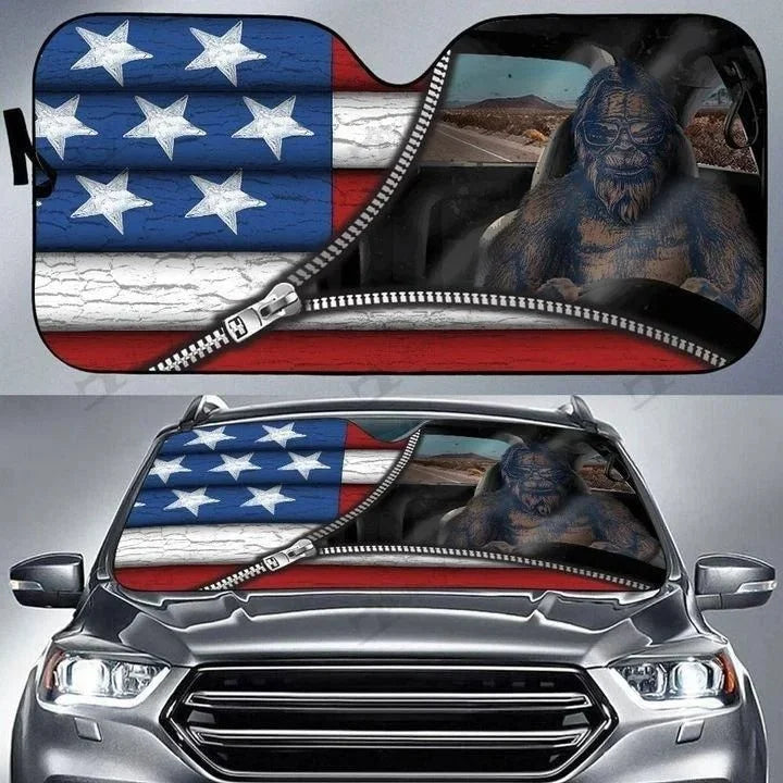 Bigfoot Car Sun Shade Bigfoot Behind American Flag Zipper Winshield Sun Shade Blue Red