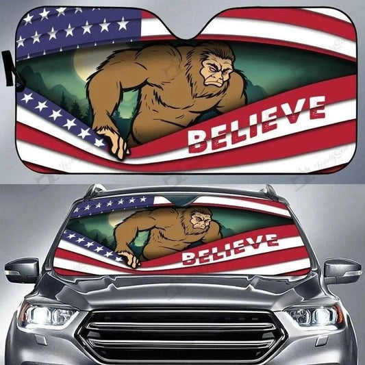 Bigfoot Car Sun Shade Bigfoot Believe Behind American Flag Winshield Sun Shade Blue Red